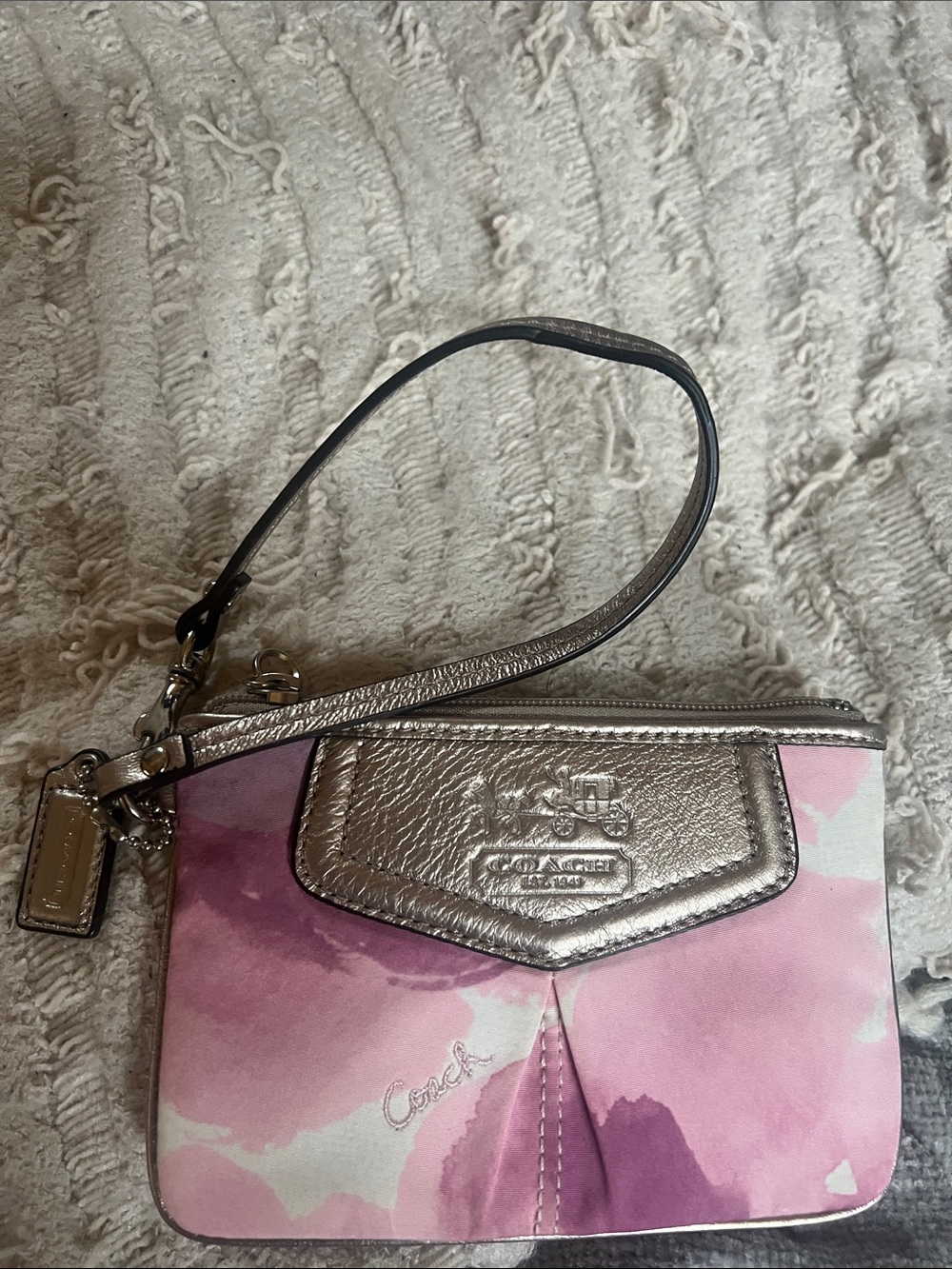 Coach Pink Watercolor Wristlet with Metallic Silver Trim